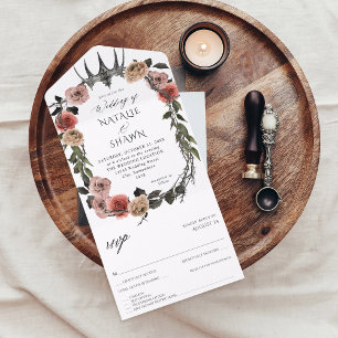 Halloween Crown Pink & Black Floral Wedding All In One Invitation