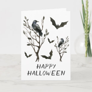 Halloween Crows Bats Black and White Watercolor Card