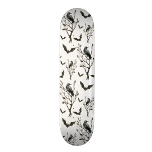 Halloween Crows Bats Black and White Watercolor Skateboard