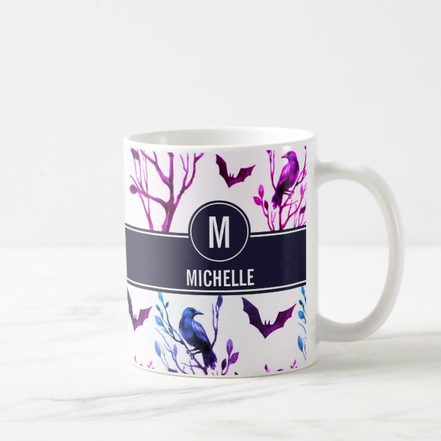 Halloween Crows Bats Monogram Personalized Name Coffee Mug (Right)