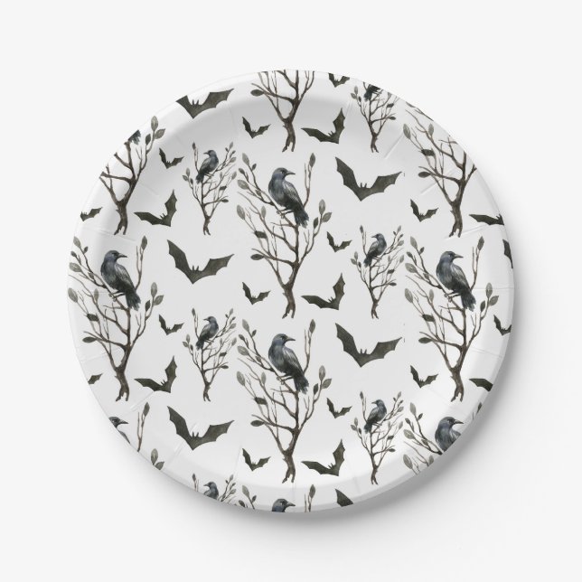 Halloween Crows Bats Scary Black and White Paper Plate (Front)