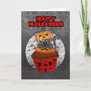 halloween cupcake cat, grey tabby in a halloween card