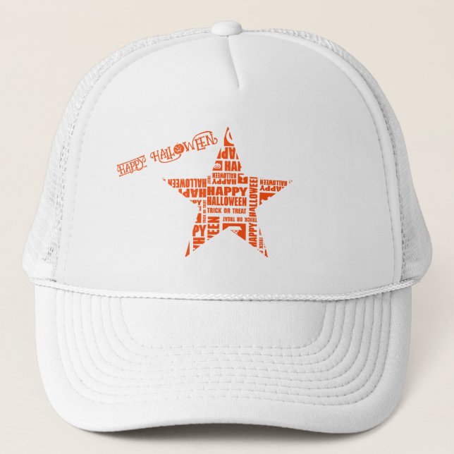 Halloween Custom Cool Whimsical Typography Orange Trucker Hat (Front)