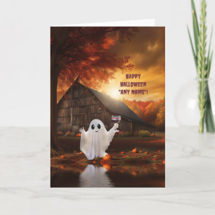 Halloween Custom Name Cute Ghost with Wine Card