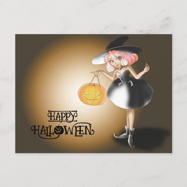  Halloween Custom Whimsical Cute Witch Pumpkin  Postcard (Front)