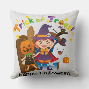 Halloween Custom Whimsical Cute Witch Pumpkin  Throw Pillow