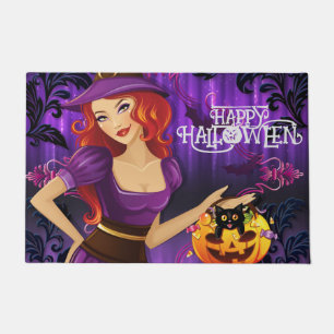 Halloween Custom Whimsical Cute Witch Purple   Doormat