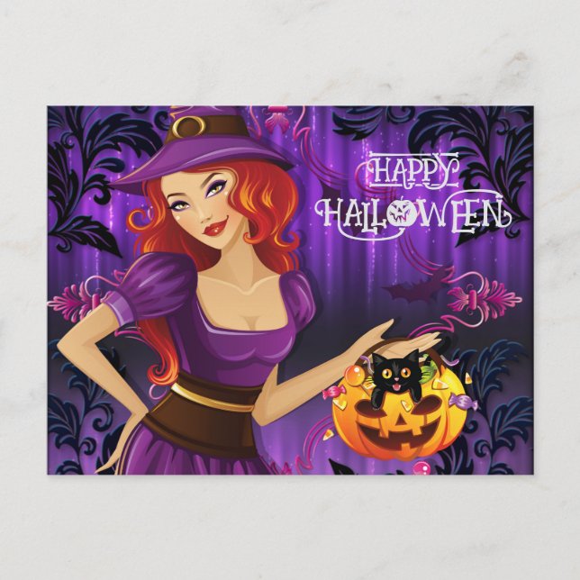  Halloween Custom Whimsical Cute Witch Purple  Postcard (Front)