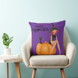 Halloween Custom Whimsical Cute Witch Purple Throw Pillow