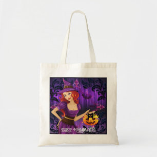 Halloween Custom Whimsical Cute Witch Purple Tote Bag