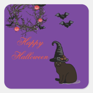 Halloween Custom Whimsical Funny Cat Purple Square Sticker