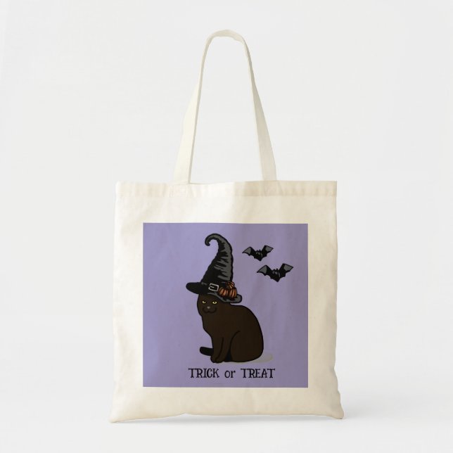 Halloween Custom Whimsical Funny Witch Cat Purple Tote Bag (Front)