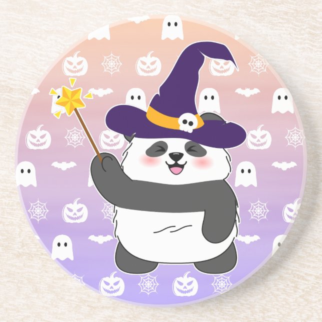 Halloween Cute Baby Panda Witch Magic Wand Coaster (Front)