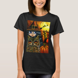 Halloween Cute Big Eye Witch Owl Friend Full Moon T-Shirt