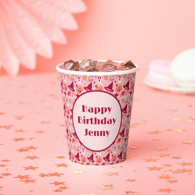 Halloween Cute Birthday Add Name Pink Pastel Paper Cups (Insitu)