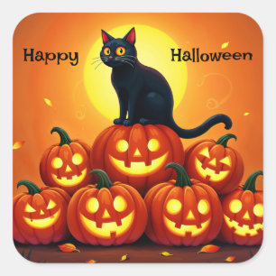 Halloween cute black cat and Jack’s lanterns Square Sticker