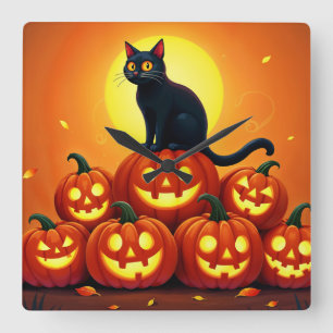 Halloween cute black cat and Jack’s lanterns Square Wall Clock