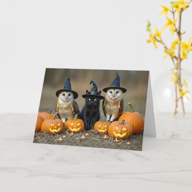 Halloween Cute Black Cat and Owls Jack O Lantern  Card (Yellow Flower)