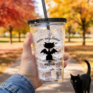 Halloween Cute Black Cat Bat Wings Acrylic Tumbler