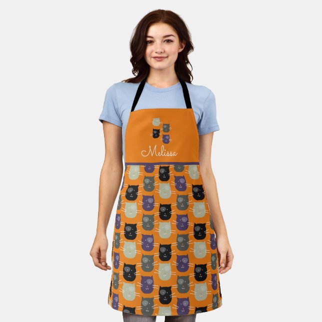 Halloween Cute Black Cat Colourful Pet Grey Apron (Worn)