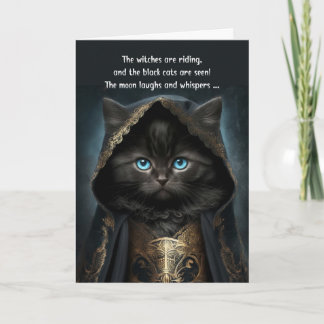 Halloween Cute Black Cat in a Witch Cape with Poem Holiday Card