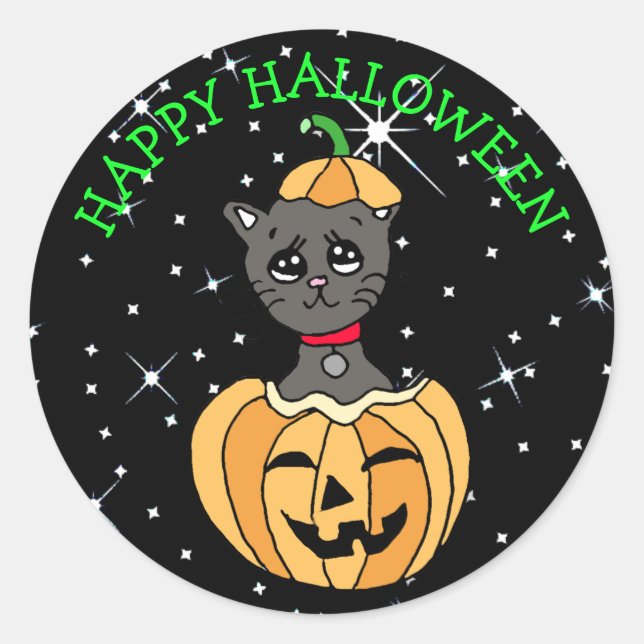 Halloween Cute  Black Cat in Pumpkin Classic Round Sticker (Front)
