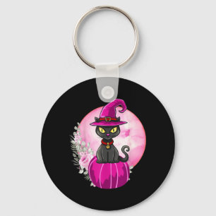 Halloween Cute Black Cat On Pumpkin Full Moon Keychain