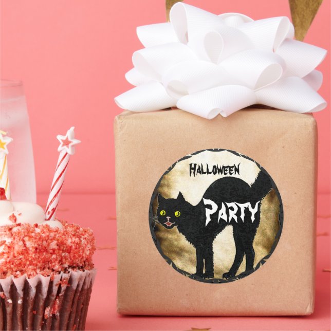 HALLOWEEN Cute Black Cat Printed Burnt Parchment Classic Round Sticker (Party)