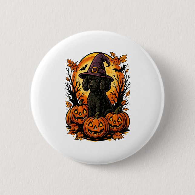 Halloween Cute Black Poodle Witch Hat Pumpkins Aut 2 Inch Round Button (Front)