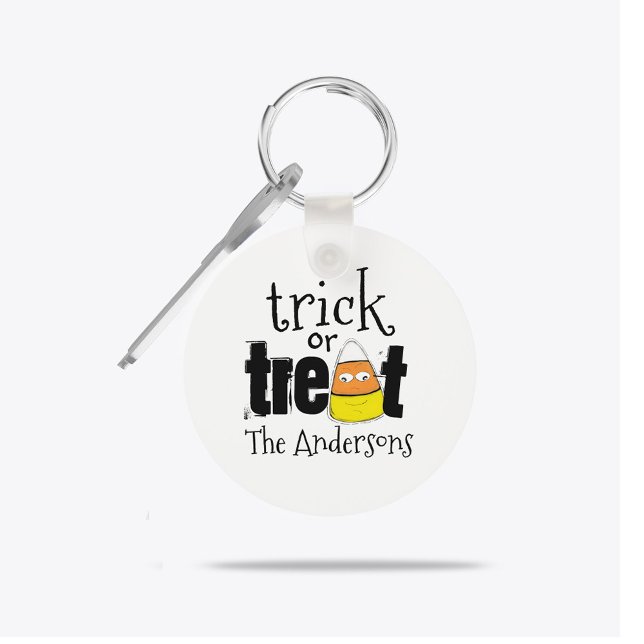 Halloween Cute Candy Corn Funny Whimsical Keychain (Personalized Trick or Treat Halloween keychain with candy corn and custom family name.)