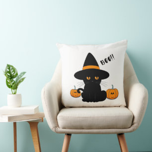 Halloween Cute Cartoon Friends, Black Baby Cat Throw Pillow