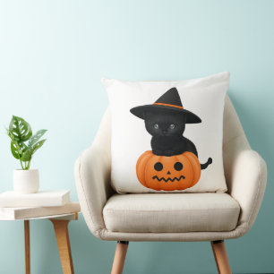 Halloween Cute Cartoon Friends, Black Baby Cat Throw Pillow