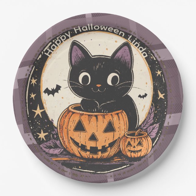 Halloween Cute Cat Fall Card Paper Plate (Front)