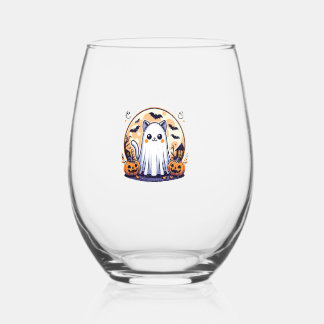 Halloween_ Cute Cat in Ghost Costume Halloween Des Stemless Wine Glass