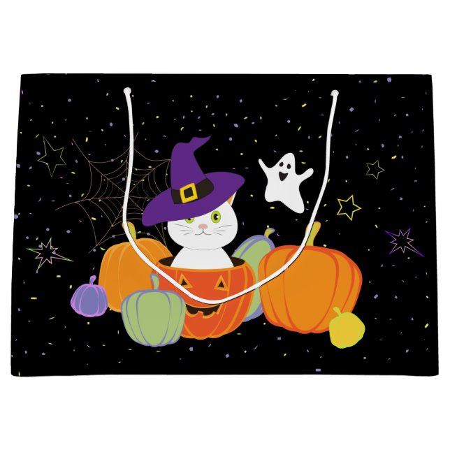 Halloween Cute Cat in Witch Hat Large Gift Bag (Front)