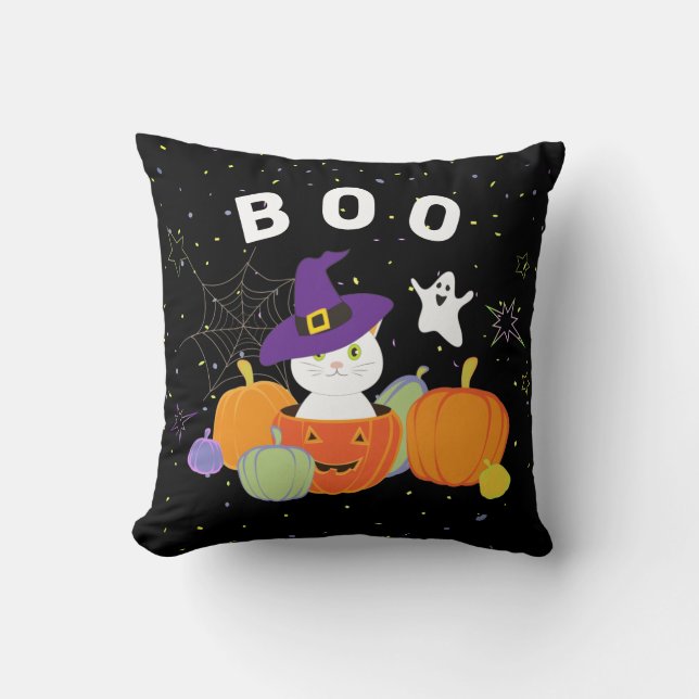 Halloween Cute Cat in Witch Hat Throw Pillow (Front)