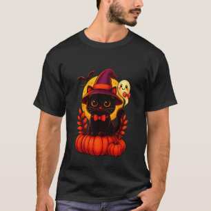 Halloween Cute Cat Pumpkin Witch Hat Costume T-Shirt