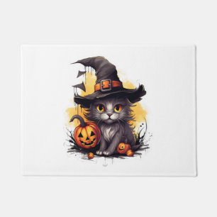 Halloween cute cat with a hat and pumpkin doormat