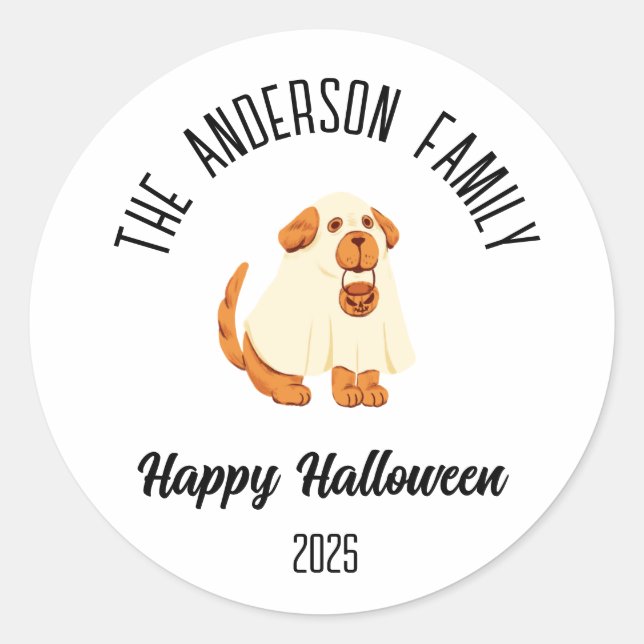 Halloween Cute Dog Ghost Costume Personalized Name Classic Round Sticker (Front)