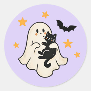 Halloween Cute Floating Ghost with Black Cat Classic Round Sticker