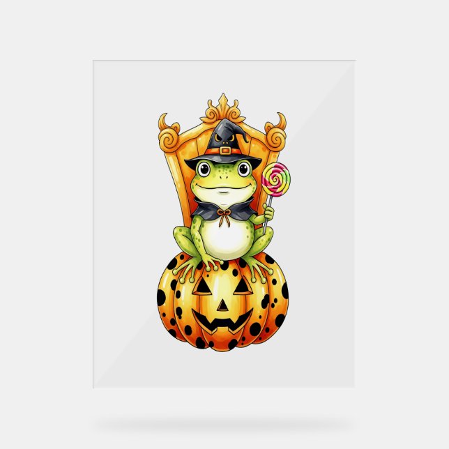 Halloween Cute Frog on Pumpkin Acrylic Sign (Front)
