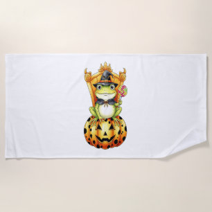 Halloween Cute Frog on Pumpkin Beach Towel