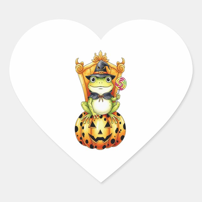 Halloween Cute Frog on Pumpkin Heart Sticker (Front)