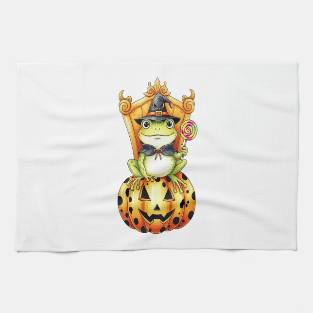 Halloween Cute Frog on Pumpkin Kitchen Towel (Horizontal)