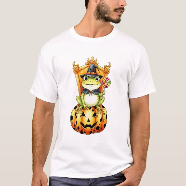 Halloween Cute Frog on Pumpkin T-Shirt (Front)