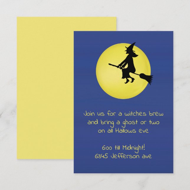 Halloween Cute Funny Flying Witch in the Moonlight Invitation (Front/Back)