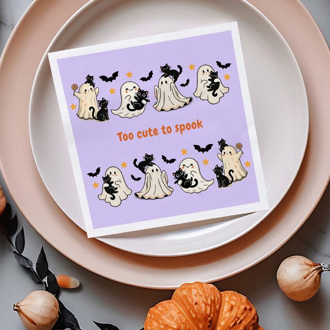 Halloween Cute Funny Spooky Ghost Cat - Fall Party Napkin (Halloween Cute Funny Spooky Ghost Cat - Fall Party Napkins on a dinner table with autumn decor.)