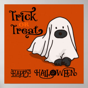 Halloween Cute Funny Whimsical Ghost Dog Orange  Poster