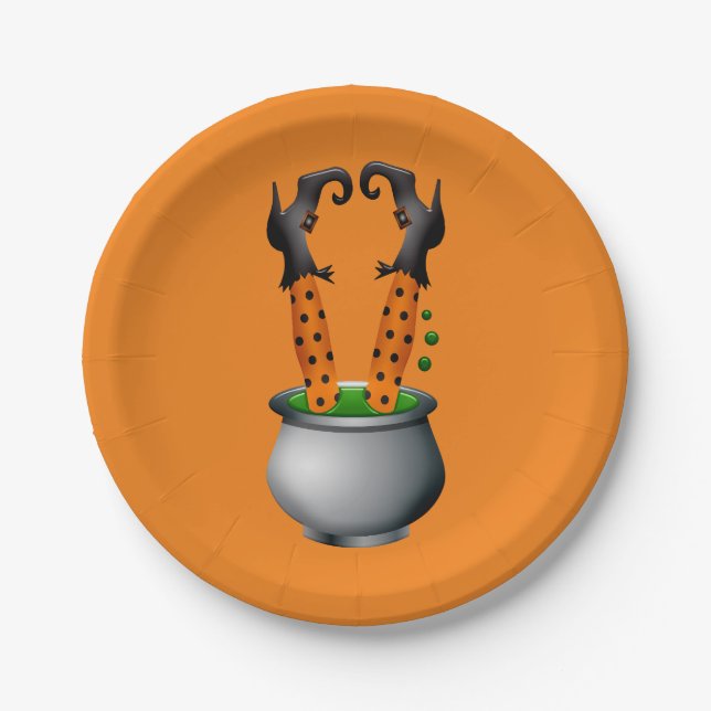 Halloween cute funny witch black and orange paper plate (Front)