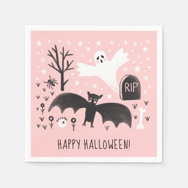 Halloween Cute Ghost Bat Black Pink Illustration Napkin (Front)